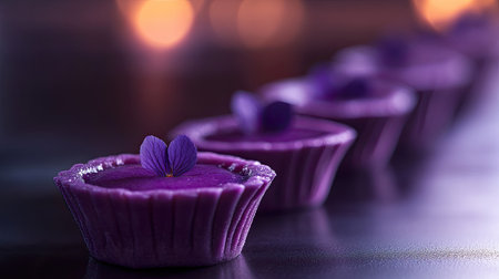 A row of mini purple yam tarts, with one in sharp focus while the others gradually blur, creating a visually appealing depth of field.の素材