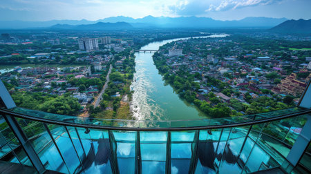 A scenic summer view from the Skywalk Observation Deck in Kanchanaburi, Thailand, where the transparent glass floor offers a unique perspective of the city and flowing river.の素材