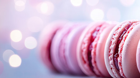 A row of macarons filled with berry cream, with a blurred background of soft, natural light, emphasizing their elegance and color.の素材