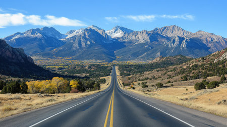 A scenic highway with mountain ranges in the background, under a pristine, cloudless sky.の素材