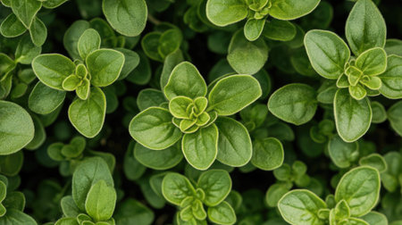 A healthy oregano plant seen from above, with its aromatic leaves spreading out in a small herb garden, ideal for cooking.の素材