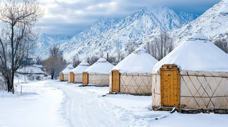 A row of yurts in a snowy winter setting, with majestic mountains in the background, representing the national housing of Kyrgyzstan.の素材