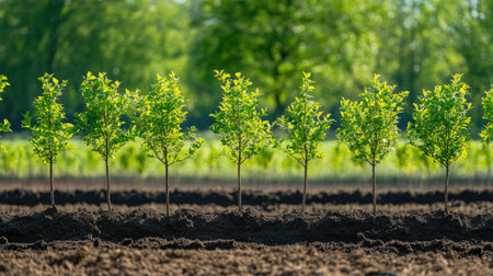 A row of young trees planted in soil, with each tree representing a step toward reforestation in nature.の素材