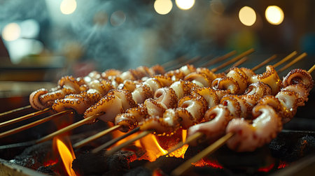 A row of octopus skewers sizzling on a grill over hot coals at a Thai street food stall, with the squid slowly turning golden and releasing a mouthwatering aromaの素材