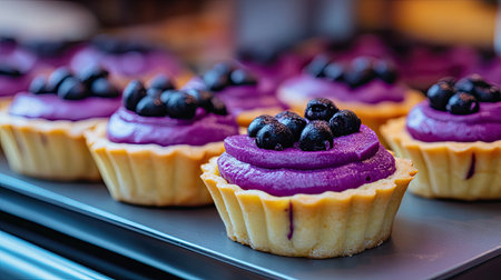 A row of mini purple yam tarts, with one in sharp focus while the others gradually blur, creating a visually appealing depth of field.の素材