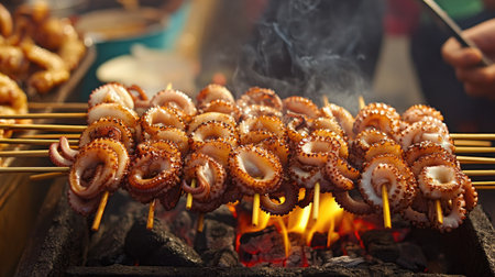 A row of octopus skewers sizzling on a grill over hot coals at a Thai street food stall, with the squid slowly turning golden and releasing a mouthwatering aromaの素材