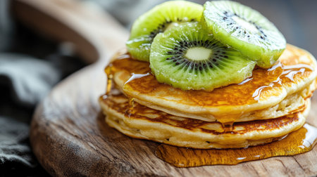 A healthy breakfast of golden pancakes drizzled with honey and topped with kiwi, arranged on a wooden board, highlighting the rich colors and texturesの素材