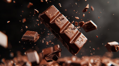 A chocolate bar being broken in half, with the pieces flying in mid-air against a dark background.の素材