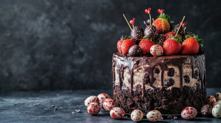 A beautifully presented Easter chocolate cake topped with strawberries, bog whortleberry, and candies, set against a dark background, with chocolate quail eggs scattered around.の素材