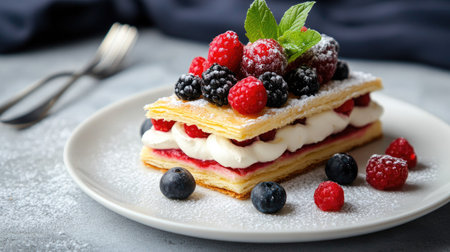 A beautifully plated millefeuille with vanilla cream and an assortment of fresh berries, served on a white plate, set against a gray concrete surface.の素材