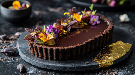 A chocolate tart with a crisp crust and smooth filling, garnished with edible flowers and gold leaf.の素材