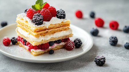 A beautifully layered millefeuille dessert with vanilla cream and fresh berries, placed on a white plate, with a minimalistic gray concrete background.の素材