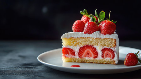 A beautifully plated slice of strawberry cake with vibrant red strawberries on top, set against a dark background for a striking contrast.の素材