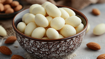 A close-up of white chocolate-covered almonds in a decorative bowl, with a few almonds scattered around.の素材
