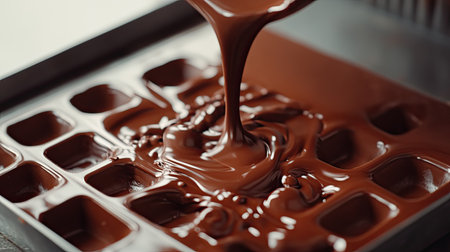 A close-up of melted chocolate being poured into a mold to make homemade chocolate bars.の素材