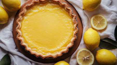 A beautifully baked lemon tart in a rustic wooden dish, placed on a white cloth, with fresh lemons on the side, ready for serving.の素材