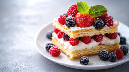 A beautifully layered millefeuille dessert with vanilla cream and fresh berries, placed on a white plate, with a minimalistic gray concrete background.の素材