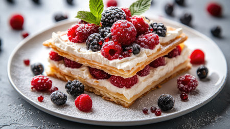 A close-up of a millefeuille with vanilla cream and vibrant fresh berries, delicately arranged on a white plate, with a textured gray concrete background.の素材