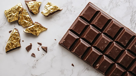 A beautifully wrapped chocolate bar with gold foil, lying on a marble countertop, with unwrapped pieces beside it.の素材