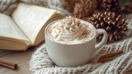 A cup of white hot chocolate topped with whipped cream and a sprinkle of cinnamon, served on a cozy table with a book beside it.の素材