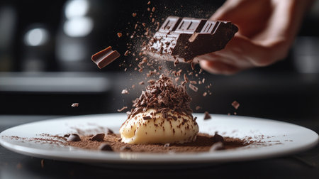 A chocolate bar being grated over a dessert, with fine chocolate shavings falling gracefully onto the plate.の素材