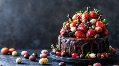 A beautifully presented Easter chocolate cake topped with strawberries, bog whortleberry, and candies, set against a dark background, with chocolate quail eggs scattered around.の素材