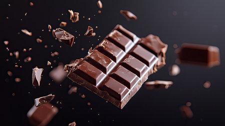 A chocolate bar being broken in half, with the pieces flying in mid-air against a dark background.の素材