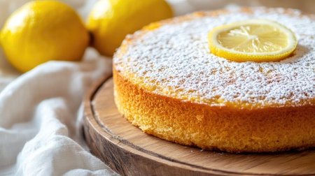 A close-up of a citrus cake on a rustic wooden dish, with a white cloth background, emphasizing the zesty lemon flavor and delicate texture.の素材