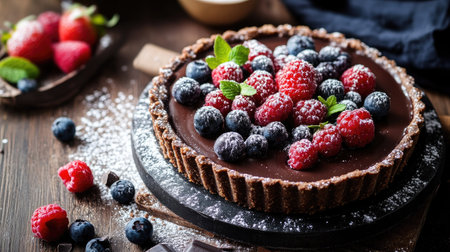 A chocolate tart with a smooth, glossy finish, garnished with fresh berries and a dusting of powdered sugar.の素材
