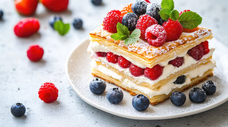A close-up of a millefeuille with vanilla cream and vibrant fresh berries, delicately arranged on a white plate, with a textured gray concrete background.の素材