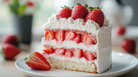 A close-up of a strawberry cake slice with fluffy cream layers and juicy strawberries, placed on a dessert plate ready to be served.の素材