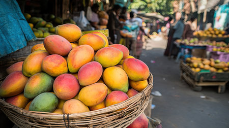 A heap of juicy mangoes in a wicker basket at a street market, with other fruits and vendors visible nearby.の素材