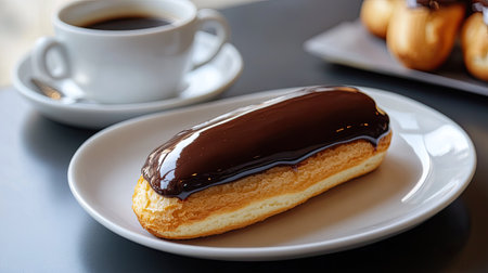 A decadent chocolate eclair with a shiny glaze, placed on a white plate with a cup of espresso beside it.の素材