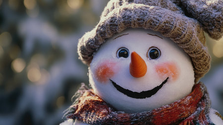 A joyful snowman with a bright carrot nose, coal eyes, and a big smile, adorned with a wool hat and matching scarf.の素材