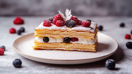 A delicate millefeuille with vanilla cream and fresh berries, arranged on a white plate with powdered sugar dusting, against a gray concrete backdrop.の素材