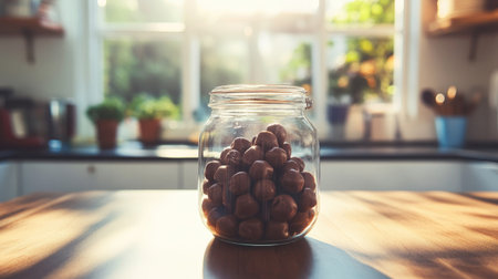 A glass jar filled with chocolate candies, placed on a kitchen counter with sunlight streaming in.の素材