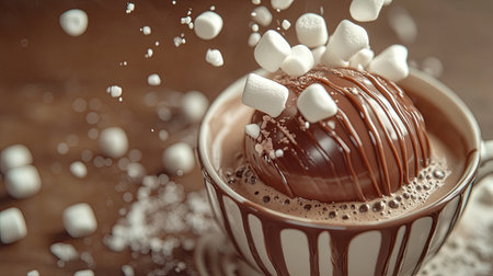A hot chocolate bomb melting in a cup of hot milk, with marshmallows popping up as the chocolate dissolves.の素材