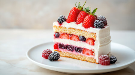 A cut slice of strawberry cake with layers of cream and sponge, topped with fresh berries, placed on a white dessert plate against a light background.の素材