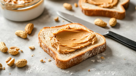 A light table setup featuring peanut butter toasts, with a knife spreading the creamy peanut butter on fresh bread, capturing the moment of preparation.の素材