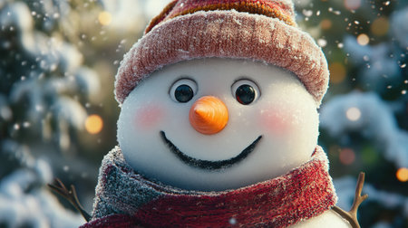 A joyful snowman with a bright carrot nose, coal eyes, and a beaming smile, sporting a cozy hat and scarf combo.の素材