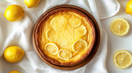A delicious citrus cake in a wooden dish, surrounded by lemon slices, with a white cloth background enhancing the fresh and zesty look.の素材