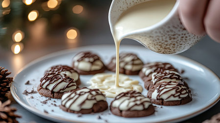 A hand drizzling melted white chocolate over a plate of cookies, with the chocolate creating intricate patterns.の素材