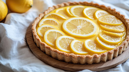 A lemon tart garnished with citrus slices, presented on a rustic wooden dish, set on a white cloth, ready for serving.の素材