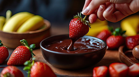 A hand dipping a strawberry into a bowl of melted chocolate, with other fruits arranged around the table.の素材