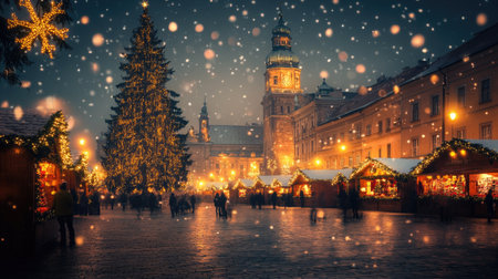 A magical Christmas scene in Krakow's Main Market Square, featuring a glowing Christmas tree and the iconic Cloth Hall, both bathed in festive lights.の素材