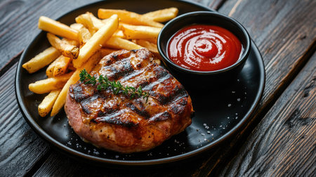 A hearty meal featuring grilled ham hock with a side of fries and a generous serving of ketchup, placed on a dark wooden table.の素材