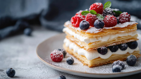A French millefeuille topped with fresh berries and vanilla cream, served on a white plate with a modern gray concrete backdrop.の素材