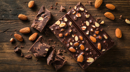 A dark chocolate bar with almonds embedded in it, broken into pieces and scattered on a wooden table.の素材