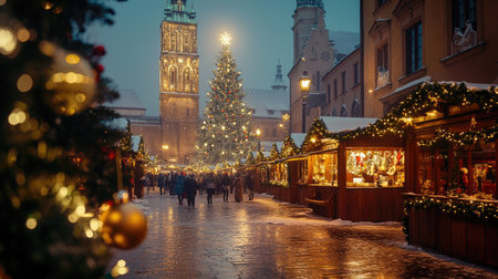 A magical Christmas scene in Krakow's Main Market Square, with a beautifully lit Christmas tree, the iconic Cloth Hall, and festive decorations creating a joyful holiday atmosphere.の素材
