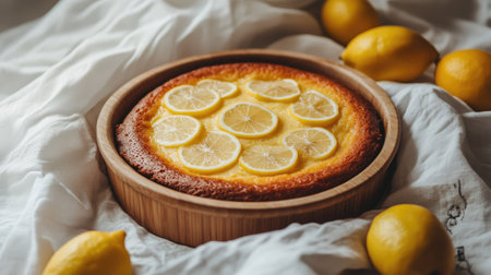 A delicious citrus cake in a wooden dish, surrounded by lemon slices, with a white cloth background enhancing the fresh and zesty look.の素材